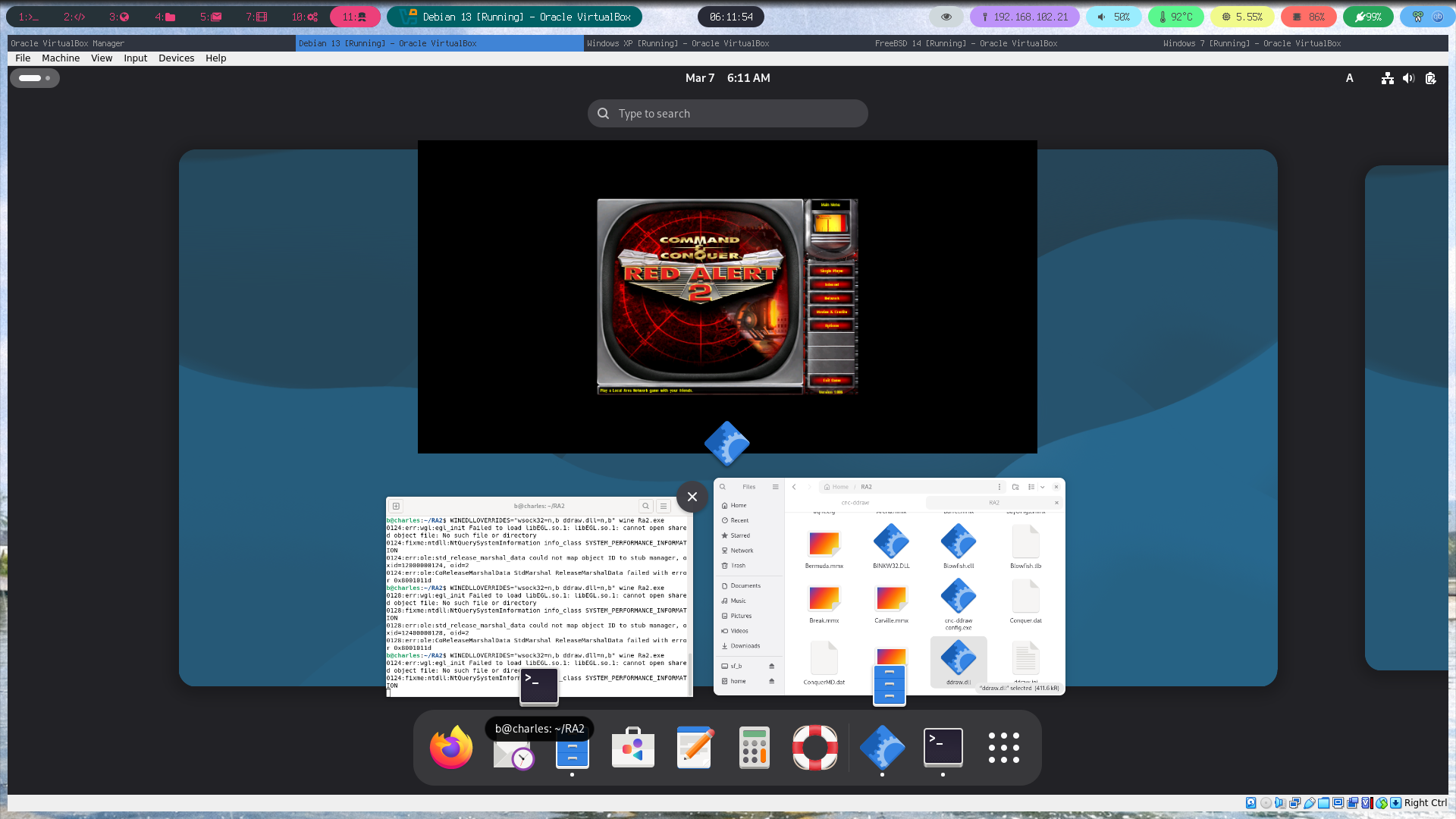 Debian 13 Gnome on Virtual Box running Red Alert 2